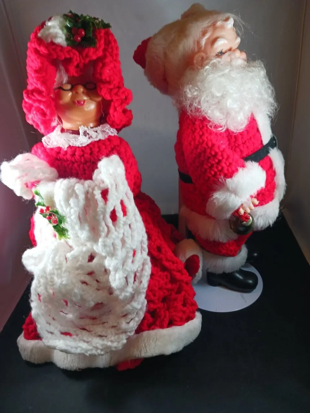 Vintage Crochet Santa Mr. & Mrs. Claus Hard Plastic 12in Tall